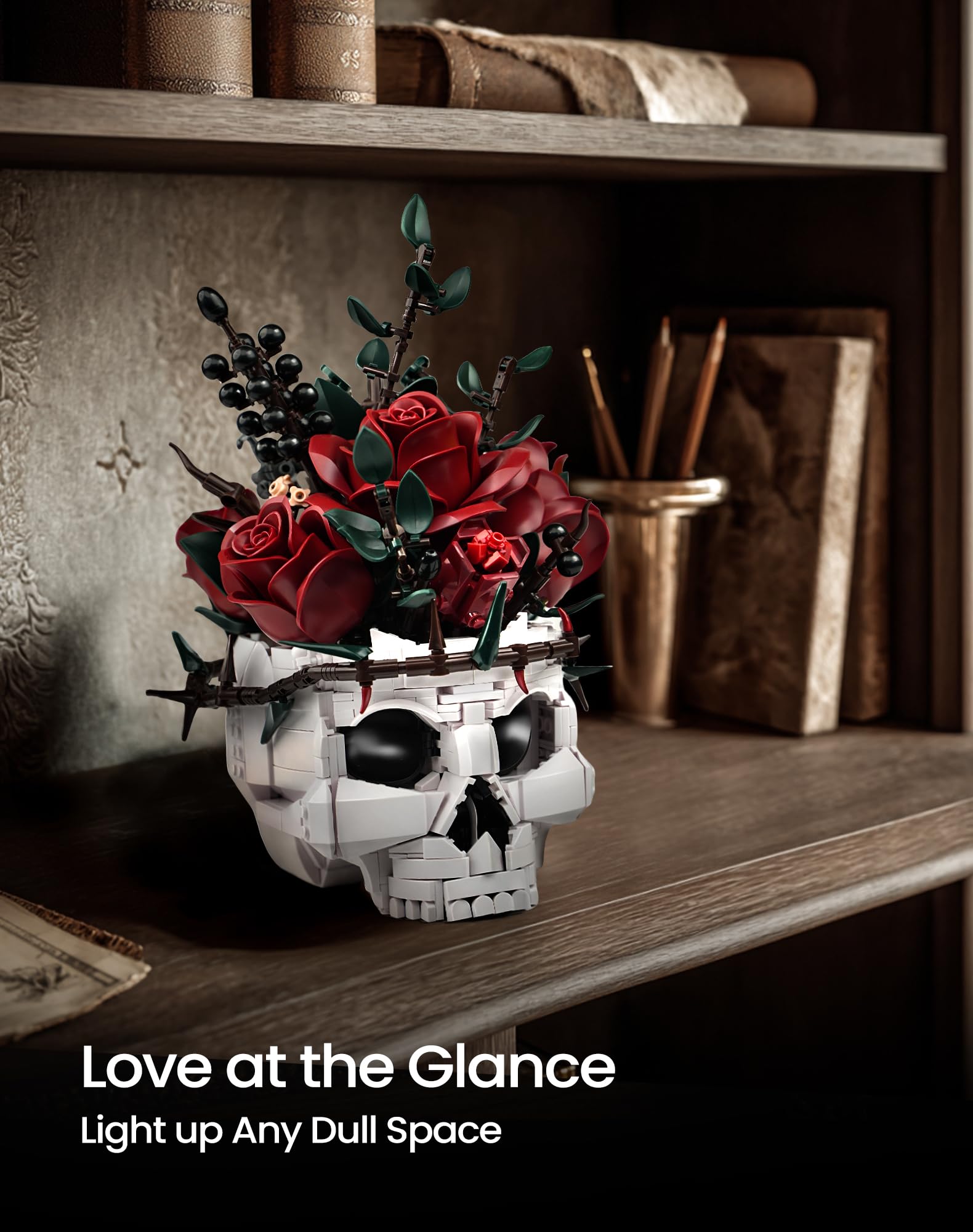 iATOM Skull Roses Flower Bouquet Building Set, Botanical Collection Kit for Adult Women, Gift for Valentines Day for Her/Girlfriend/Mom/Wife/Couple, Goth Horror Skeleton Pot Home Table Decor Aesthetic