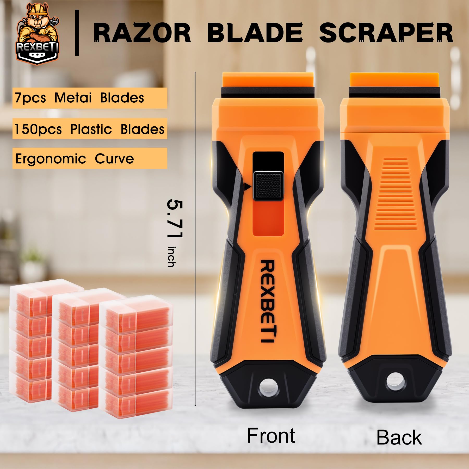 REXBETI Razor Blade Scraper Tool, 1 Pack Razor Scraper with Extra 157Pcs Razor Blades -7Pcs Metal and 150Pcs Plastic Blades, Cleaning Scraper Tool, Cooktop, Paint, Glass Scraper