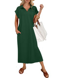 ANRABESS Womens Summer Casual Midi Dresses Short Sleeve Polo V Neck Loose Split Wrinkle-Free Beach Vacation Tshirt Maxi Dress Forest Green Large