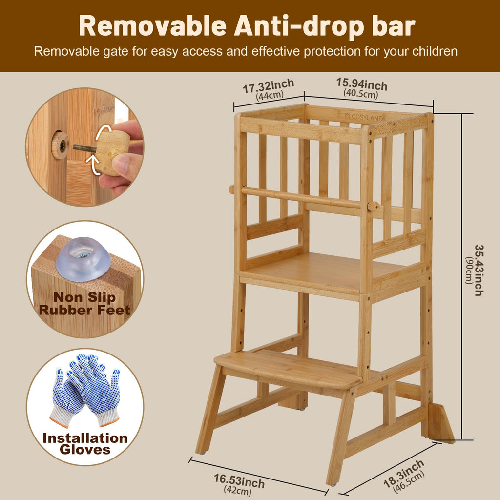 COSYLAND Toddler Standing Tower - Adjustable Height Toddler Kitchen Stool Helper - Kids Kitchen Step Stool for Learning with Removable Safety Railing Natural