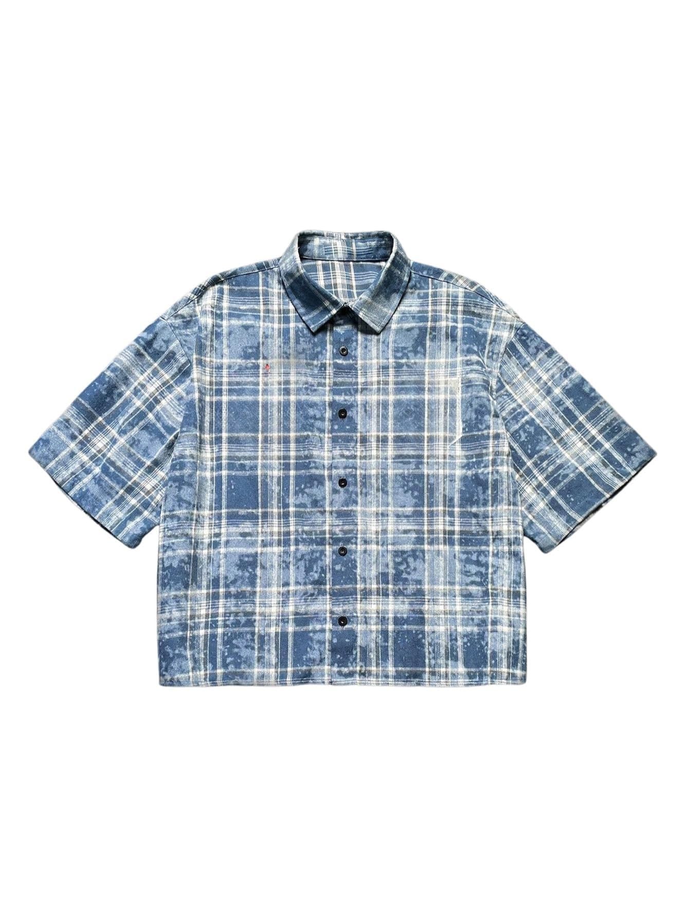 Verdusa Men's Plaid Checkered Cropped Shirt Button Up Drop Shoulder Boxy Crop Tops Streetwear Blue Multicolor Small