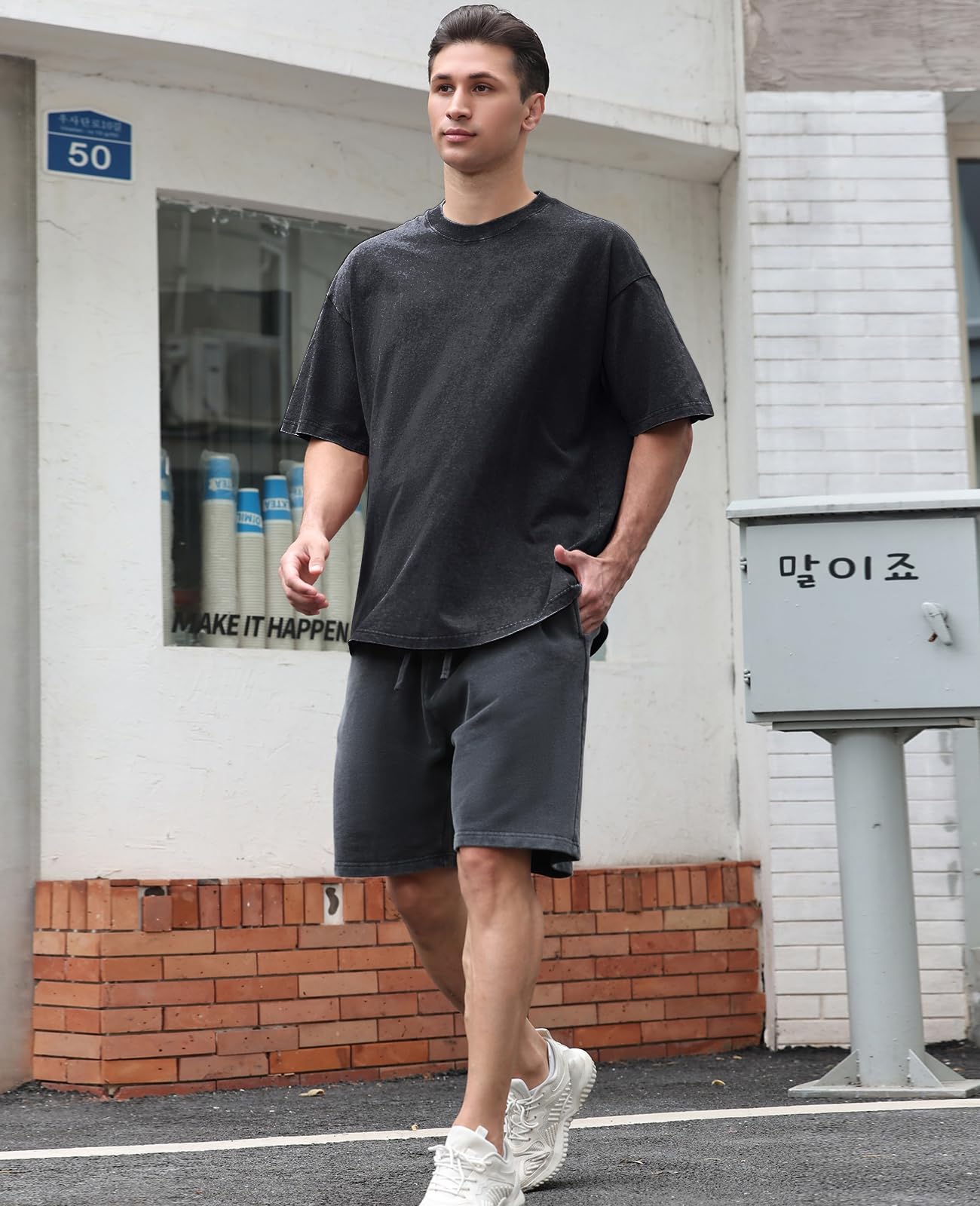 KEEPSHOWING Men's Cotton T-Shirts Oversized Unisex Short Sleeves Casual Loose Wash Solid Basic Tee Tops(A-Black XL)
