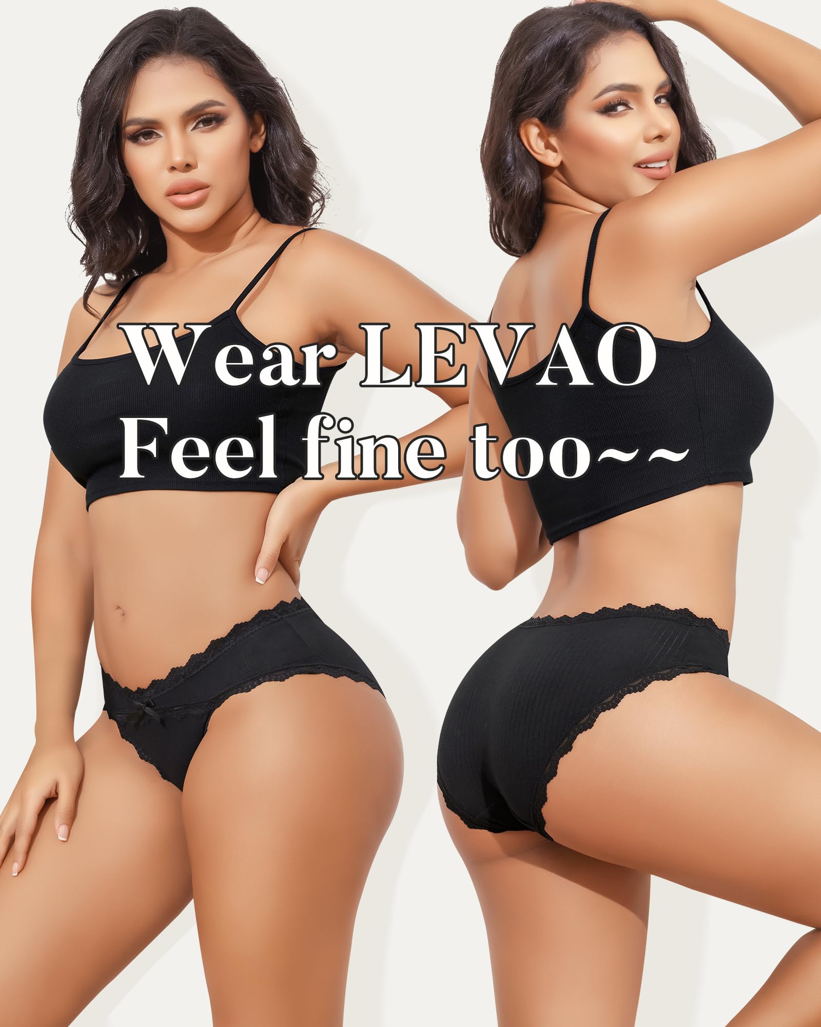 LEVAO 6 Pack Black Cotton Underwear for Women Lace Cheeky Bikini Panties Stretch Soft Hipster Ladies Briefs S-XXL