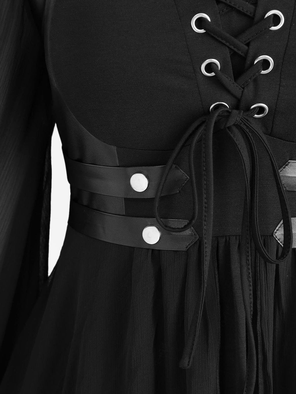 ROSE GAL Plus Size Womens Goth Steampunk Trumpet Sleeves Renaissanc Tops Punk Rivets PU Patchwork lace Trim Handkerchief Halloween Witch Costume T-shirt(Black_1/2X)