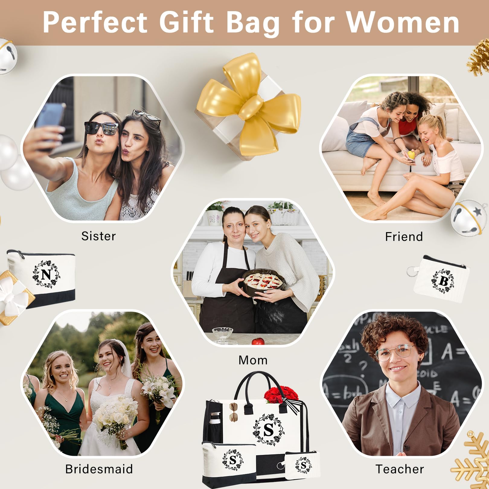 Adoryoung Monogram Personalized Initial Canvas Tote Bags for Women, Double-sided Embroidery Tote Beach Bags Gifts for Women (S)