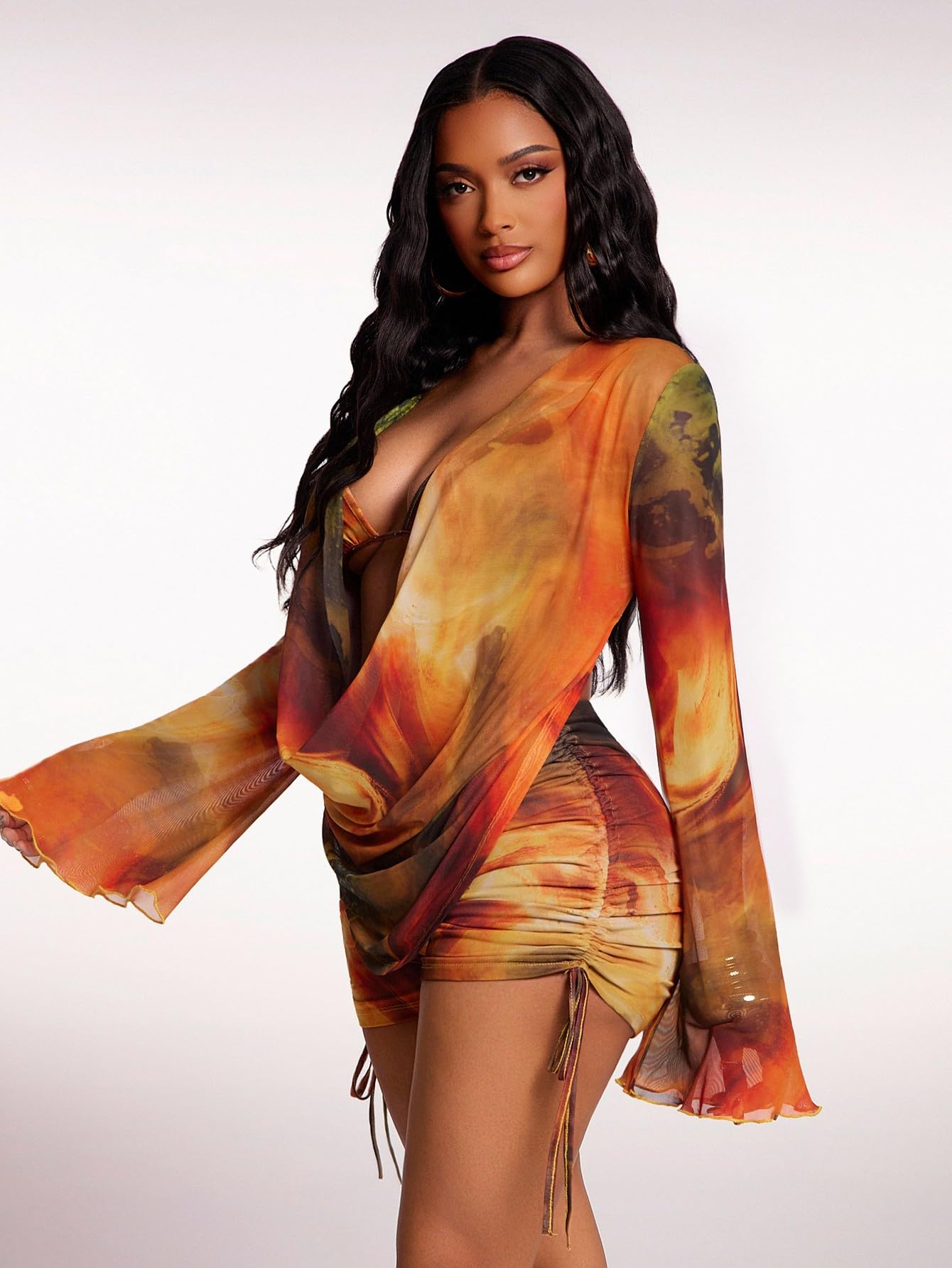 WDIRARA Women's Tie Dye 3 Piece Outfits Draped Mesh Ruched Shorts Set Beach Vacation Outfits Multicolor Large