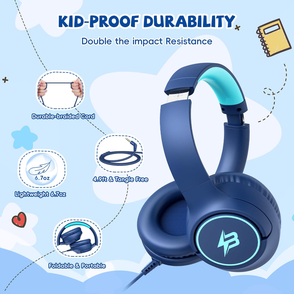 Kids Headphones Wired for School, 85/94dB Volume Limit, Wired Over Ear Headphones for Kids Boys Girls with Microphone, Stereo Sound 3.5mm Cord for Kindle Tablet Airplane Travel, Navy Blue