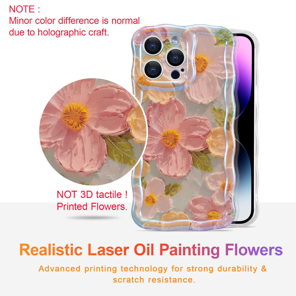 EYZUTAK Case for iPhone 15 Pro Max, Colorful Retro Oil Painting Printed Flower Laser Glossy Pattern Cute Curly Wave Edge Exquisite Phone Cover Stylish Durable TPU Protective Case for Girls Women-Green