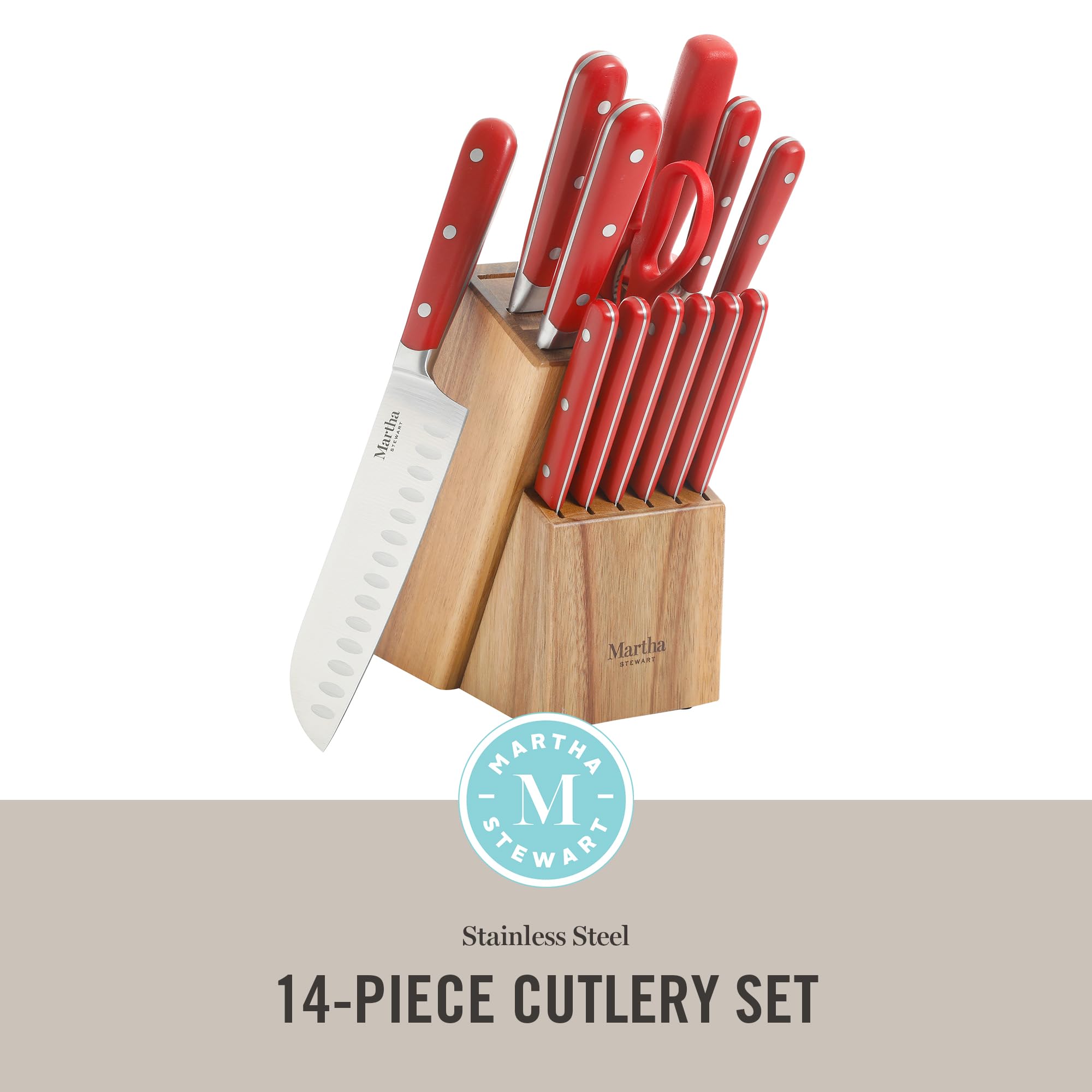 MARTHA STEWART Eastwalk 14 Piece High Carbon Staineless Steel Cutlery Knife Block Set w/ABS Triple Riveted Forged Handle Acacia Wood Block - Red