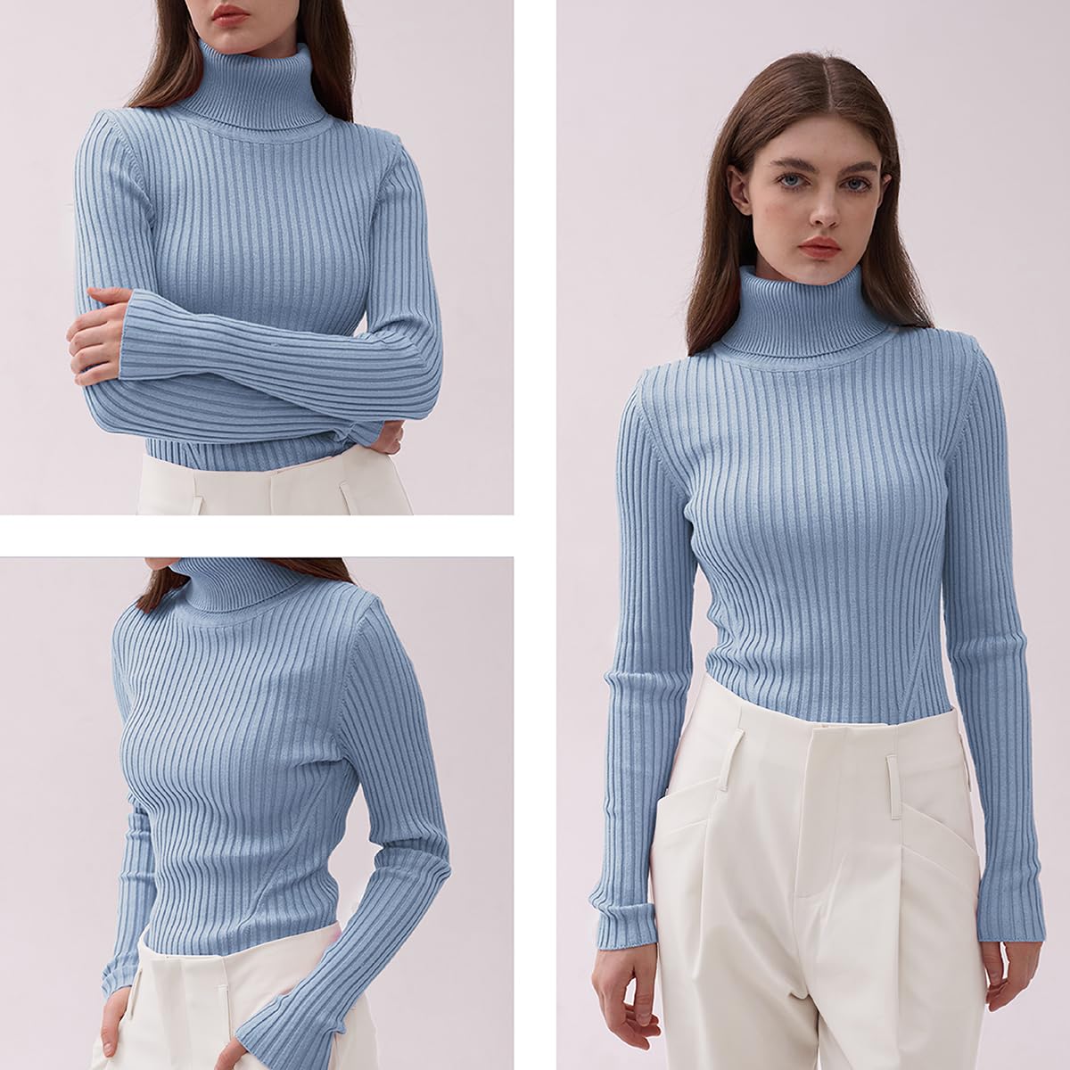 v28 Women Stretchable Korea Turtleneck Knit Long Sleeve Slim Sweater (M, Babyblue)
