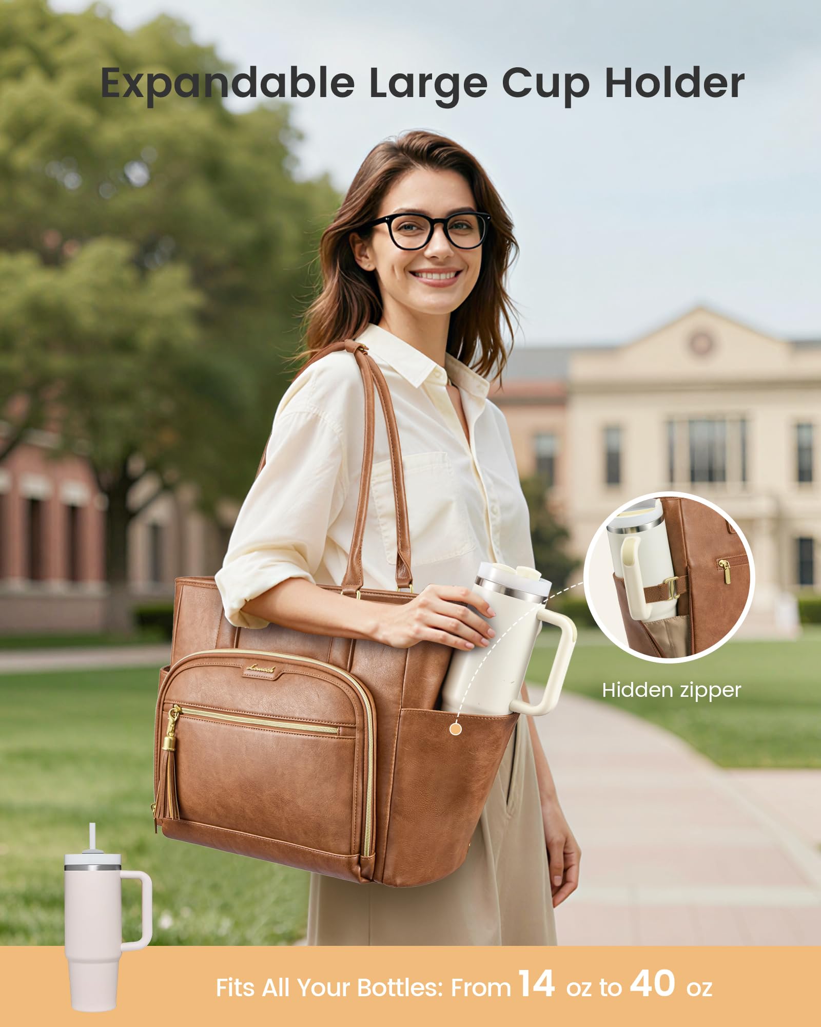 LOVEVOOK Laptop Tote Bag for Women Work, Vintage Leather Teacher Nurse Bag with Large Cup Holder, Bible Handbag Purse GIfs, Waterproof Professional Computer Briefcase for Business Office, 15.6 Inch
