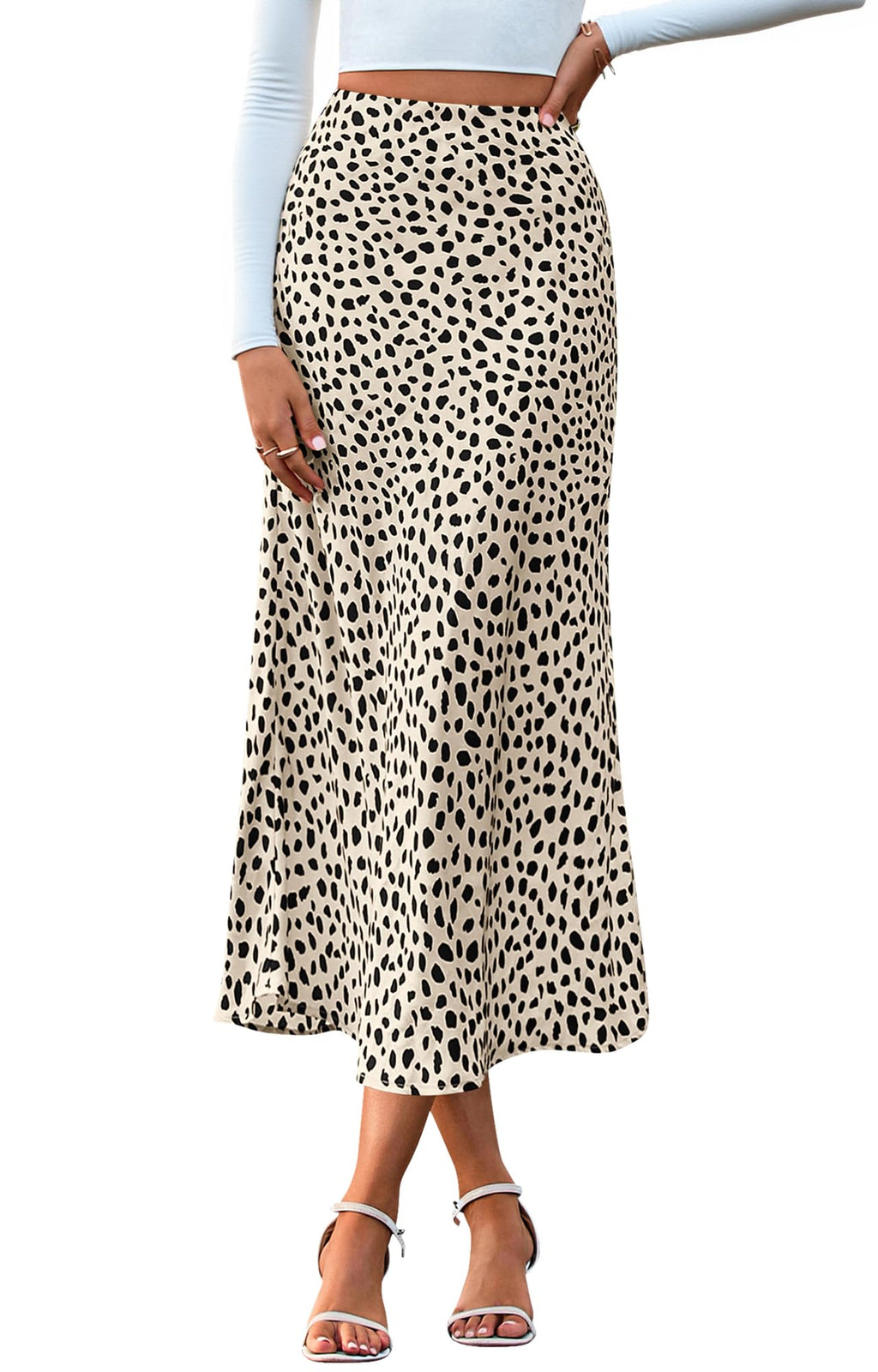 BTFBM Satin Skirts for Women Trendy Spring Summer 2026 High Waisted Leopard Print Cocktail Wedding Long Silk Midi Skirt(Dot Apricot Black, Small)