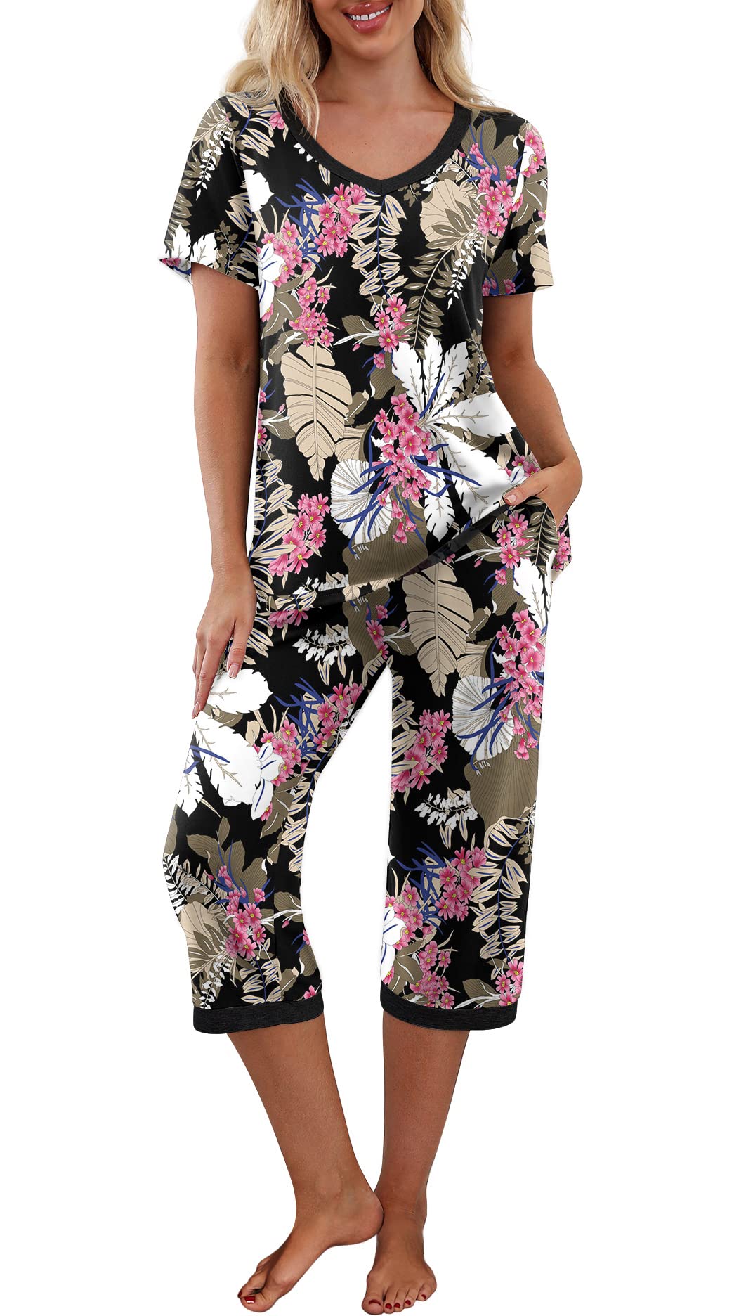 PrinStory Womens Pajama Sets Summer Ladies Pjs 2 Piece Loungewear Capri with Pockets 2XL,FP-Big Leaf Pink