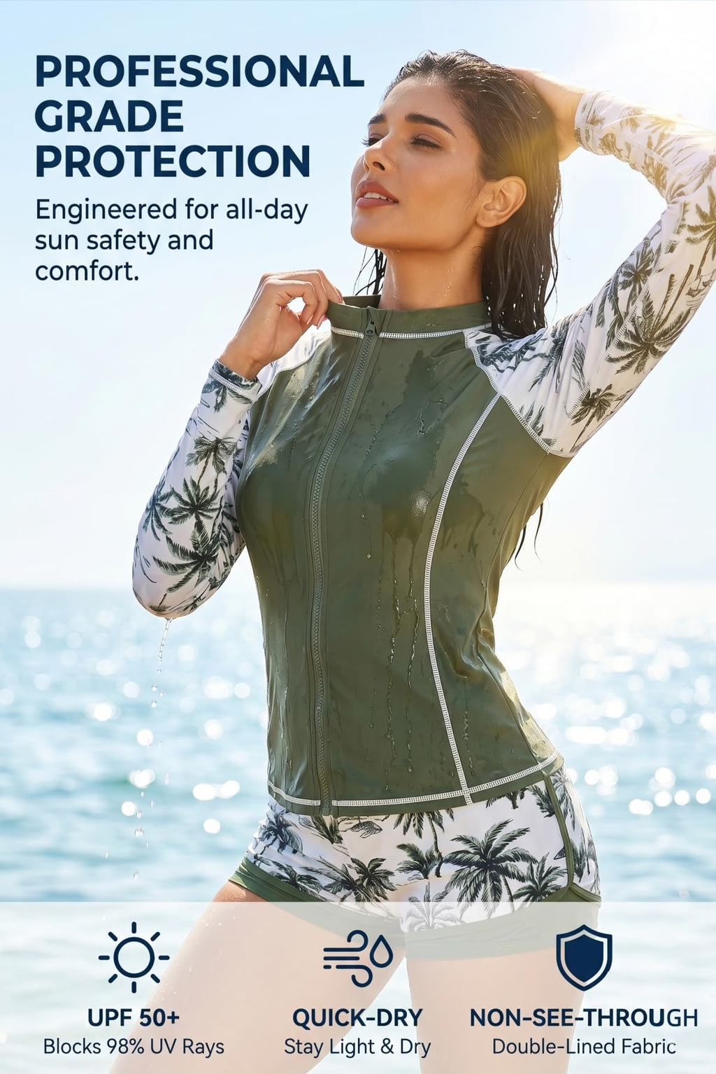 Green Palm Tree 3 Piece Rash Guard for Women - Long Sleeve Swimsuits with Shorts SPF Zip up Swim Shirt with Built in Bra M