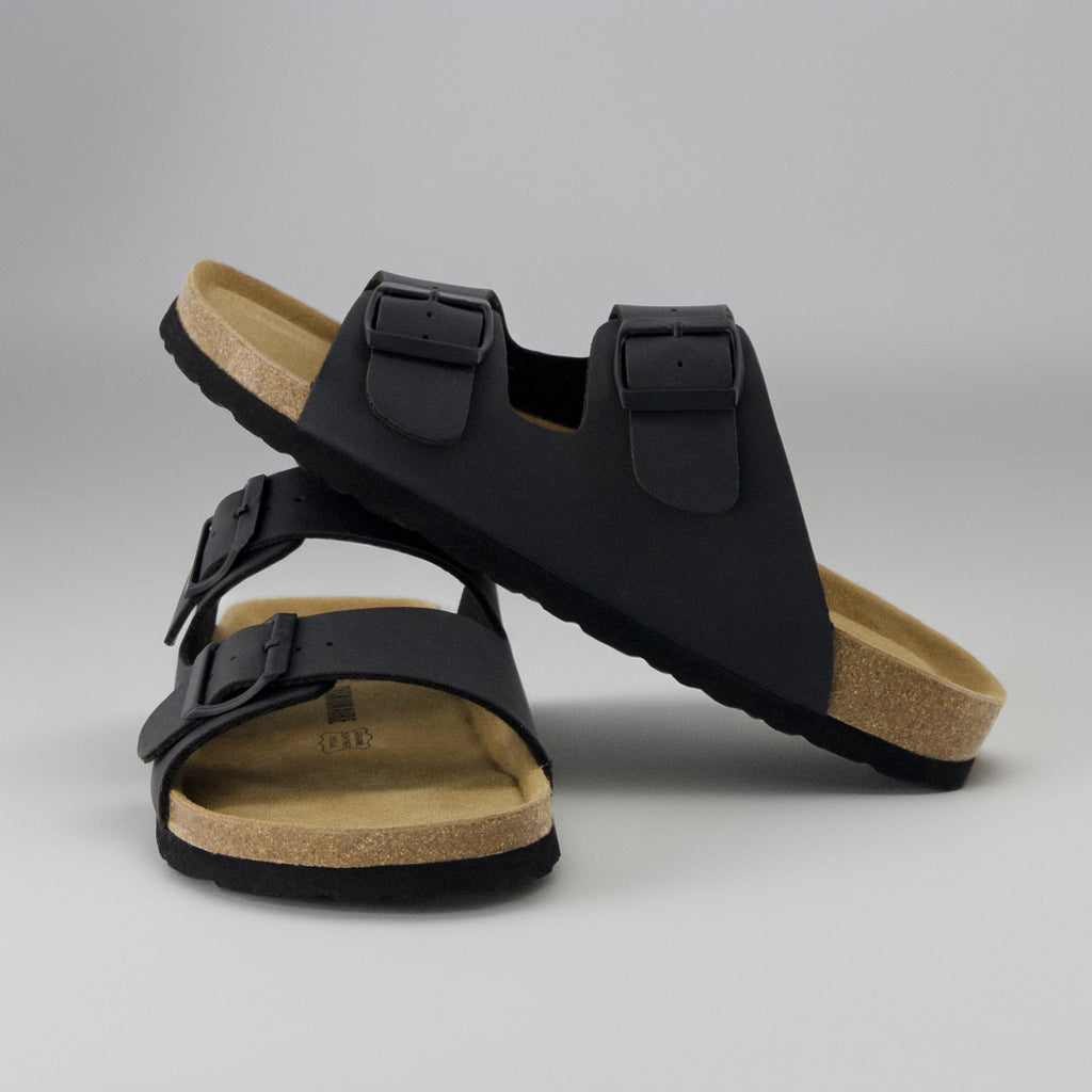 CUSHIONAIRE Lane Cork Footbed Mens Sandals, Adjustable Buckle Comfort Slides for Men, Genuine Leather Insole Summer Sandals Men Footwear, BLACK 10