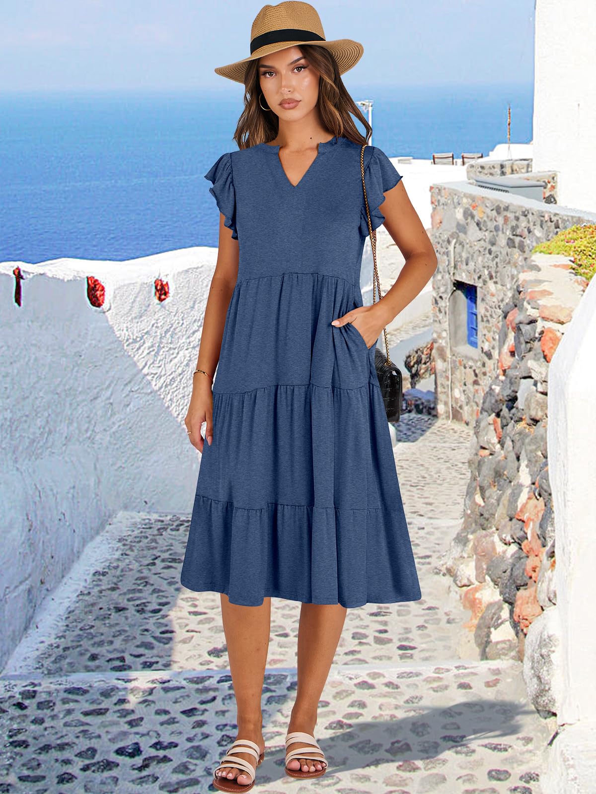 ANRABESS Womens Summer Dress Ruffle Sleeve V Neck Midi Dresses Fashion Casual Fit Flowy Tiered Boho Beach Vacation Sundress Blue-S