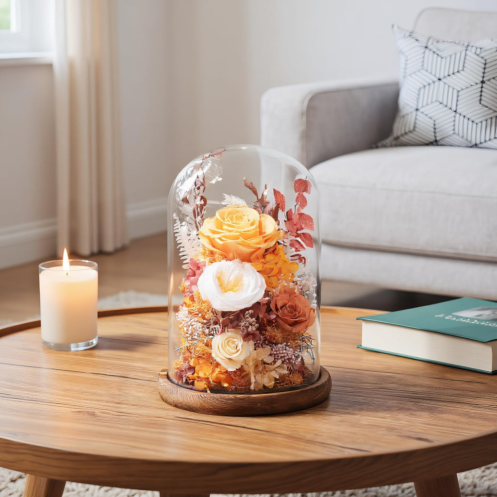 lovenfold Flowers for Delivery Prime Preserved Flowers Rose in Glass Dome,Orange Rose Forever Flowers Birthday Gifts for Women Mom Grandma Friend Thanksgiving Gifts for Her,Home Decor