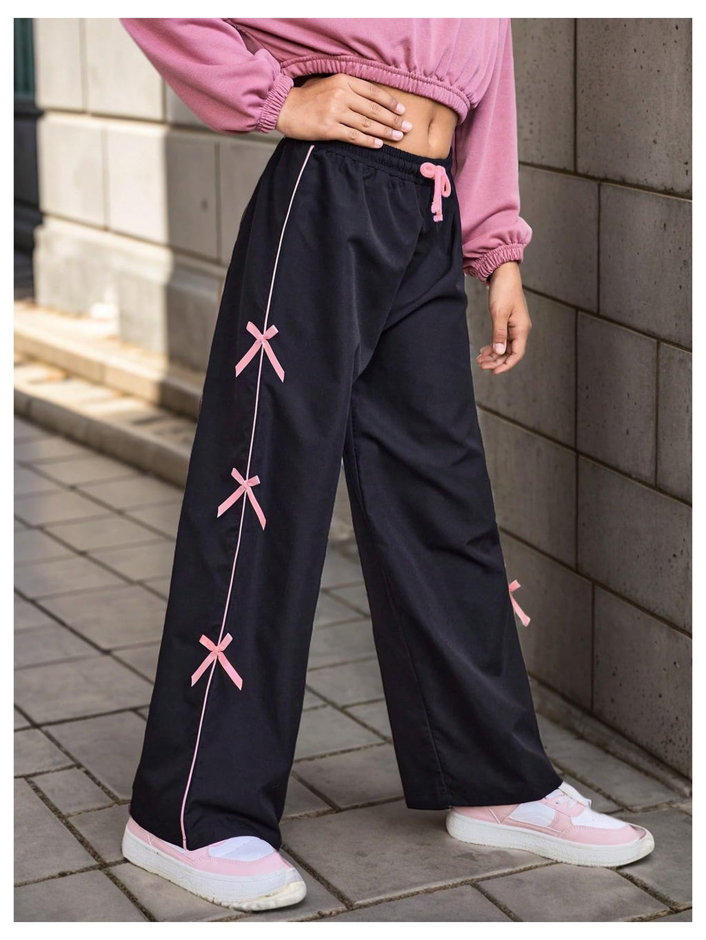 WDIRARA Girl's Bow Side Waist Track Pants Cute Wide Leg Trousers Black 11Y