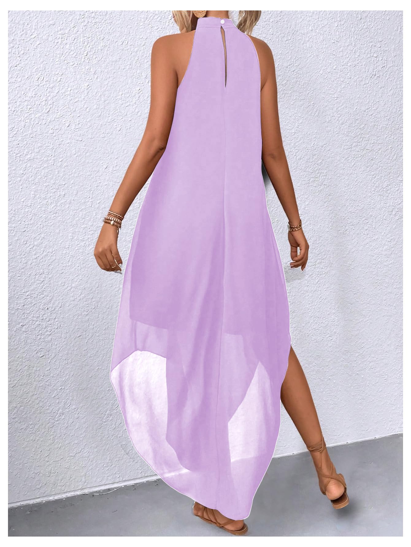 Verdusa Women's Wedding Guest Dress Halter Flowy Chiffon Asymmetrical Long Summer Prom Dress Mauve Purple Large