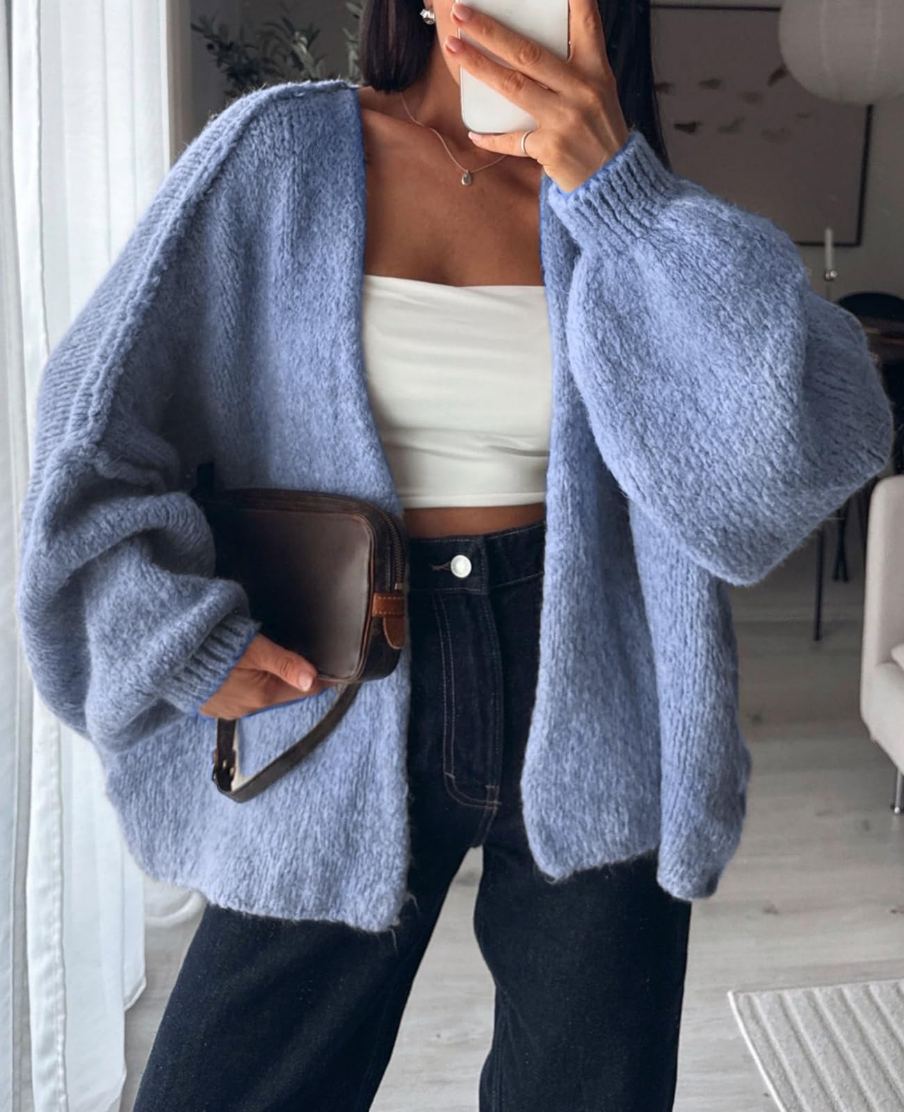 BKBEY Womens Oversized Cardigan Sweaters 2025 Fall Soft Puff Sleeve Cozy Open Front Chunky Sweater Blue