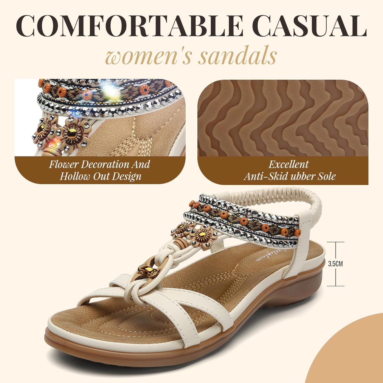 Littleplum Womens Sandals Arch Support Bohemian T-Strap Flower Rhinestone Sandals Women's Non Slip Summer Beach Flat Sandals Cream White Size 8