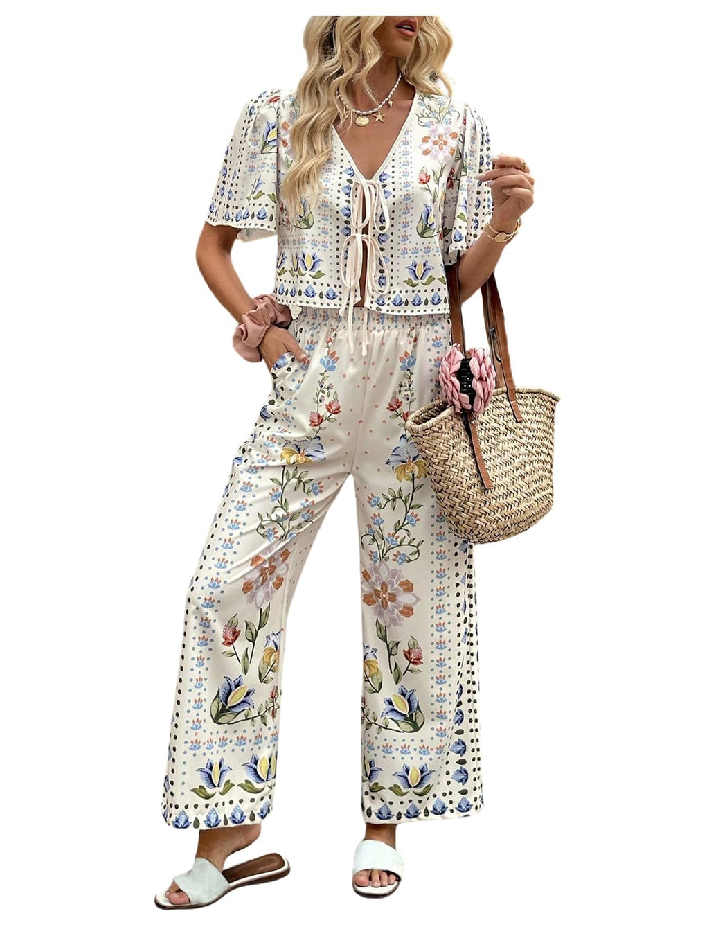 WDIRARA Women's Boho Floral 2 Piece Palazzo Pants Set Short Sleeve Tie Front Blouse Wide Leg Pants Vacation Outfits Apricot Small