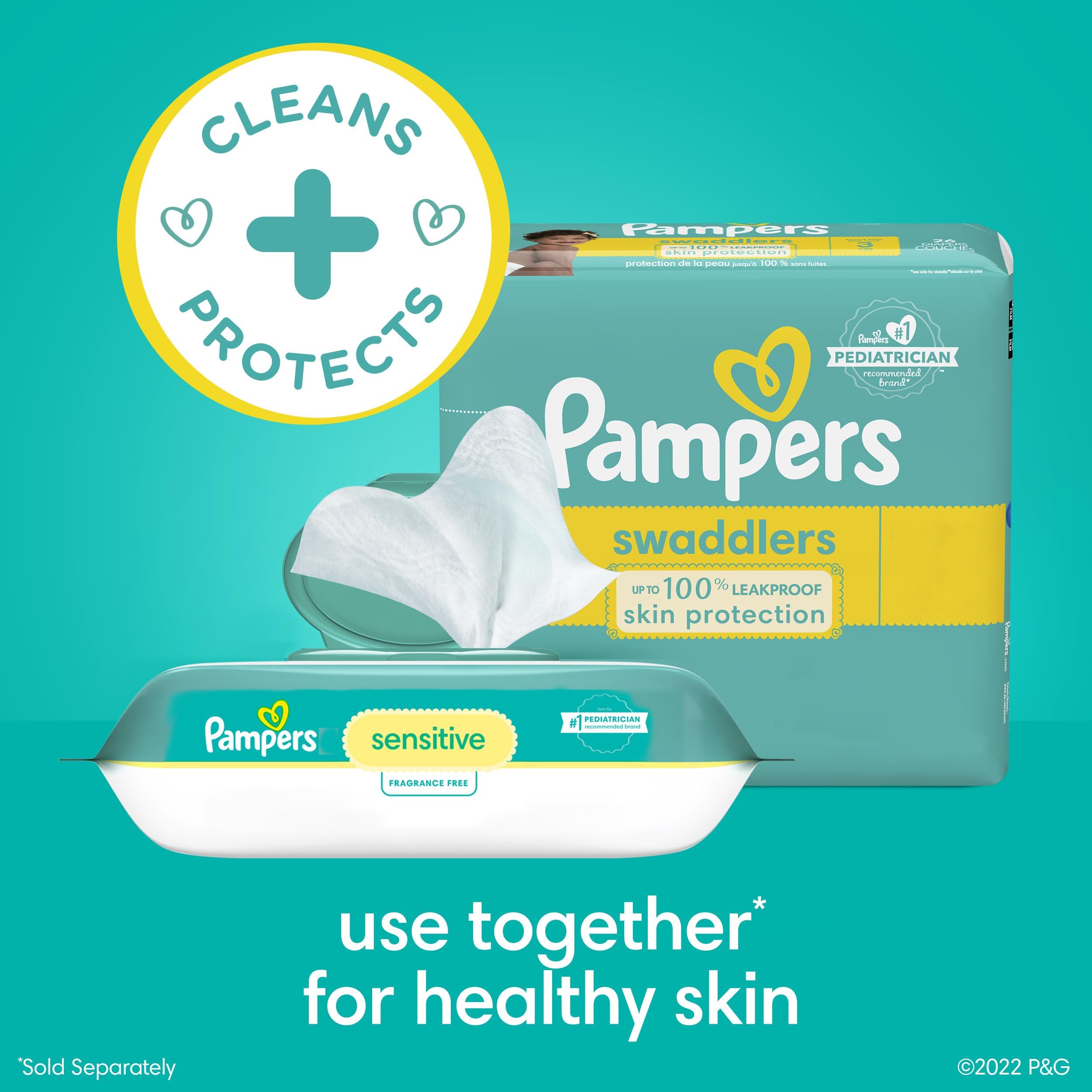 Pampers Sensitive Baby Wipes, Water Based, Hypoallergenic and Unscented, 8 Flip-Top Packs, 4 Refill Packs (1008 Wipes Total)