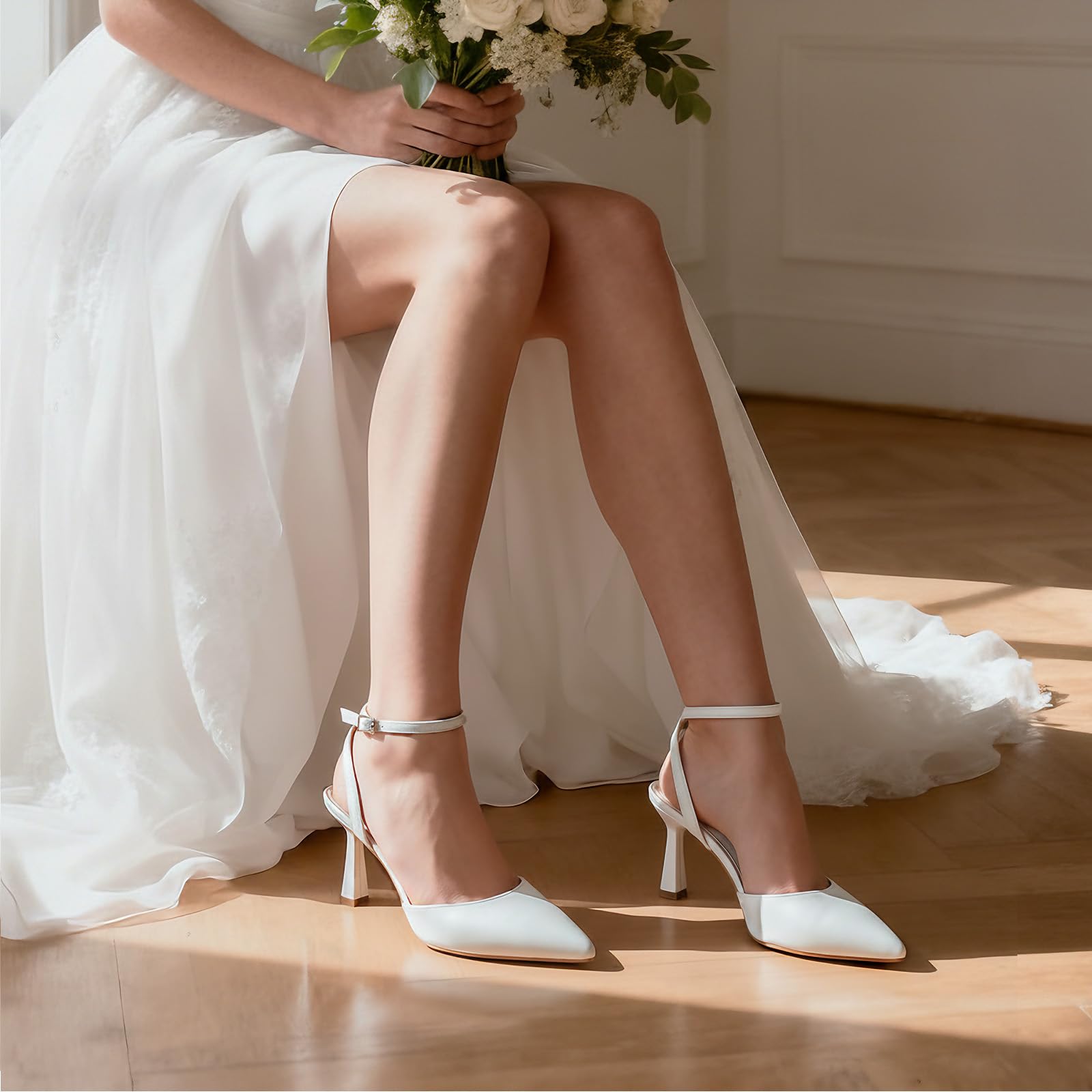 Athlefit Women's Closed Pointed Toe 3 Inch High Heels Ankle Strap Stiletto Heel Wedding Party Dress Pumps Shoes, White Size 9.5,SAPU2602W