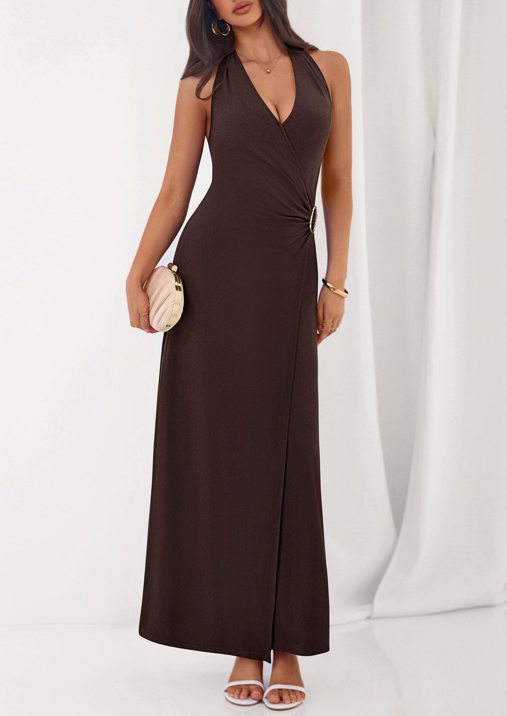 PRETTYGARDEN Halter Dresses for Women 2026 Elegant Classy Spring V Neck Tie Backless Summer Wedding Guest Cocktail Midi Dress(Brown,Small)