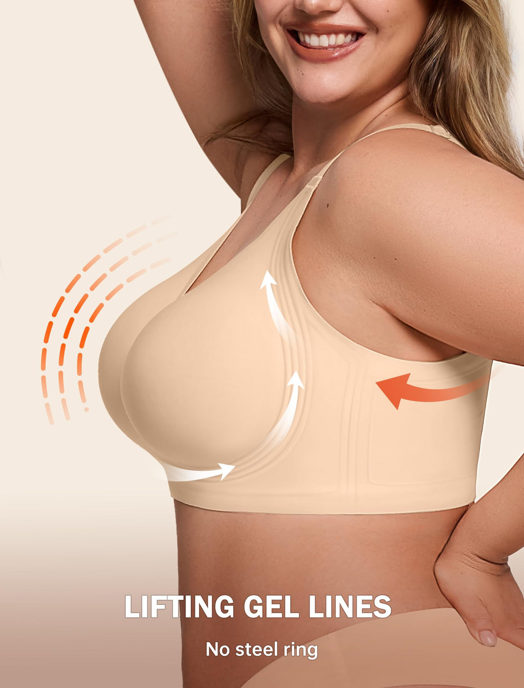LetsJoli Jelly Bras for Women Supportive Wireless Push Up Bra Full Coverage No Underwire Seamless Plus Size for Older Women（Nude,XL)