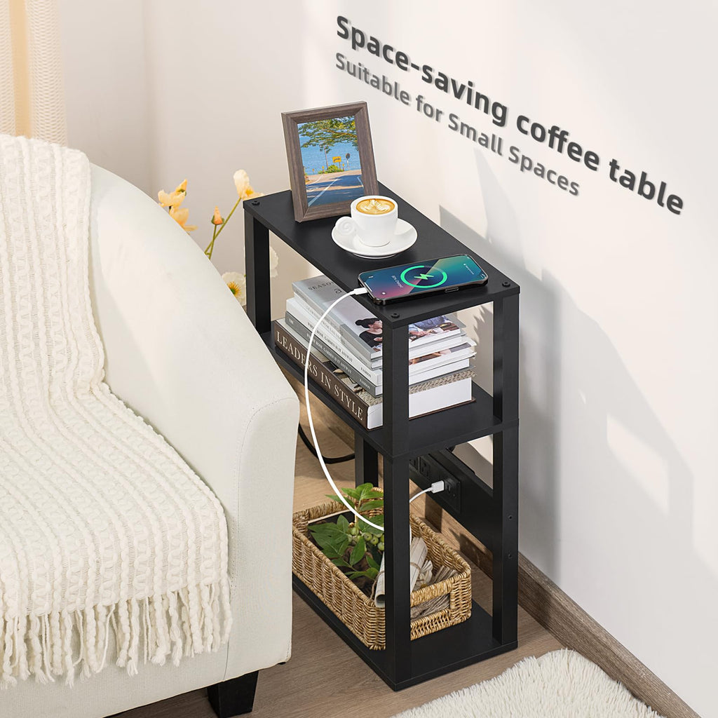 YUFAM 3-Tier Small Narrow Wood Side Table Set of 2 with Charging Station - Skinny Nightstand for Small Spaces, Slim Bedside Table with USB Ports and Outlets - Thin End Table with Storage, Black
