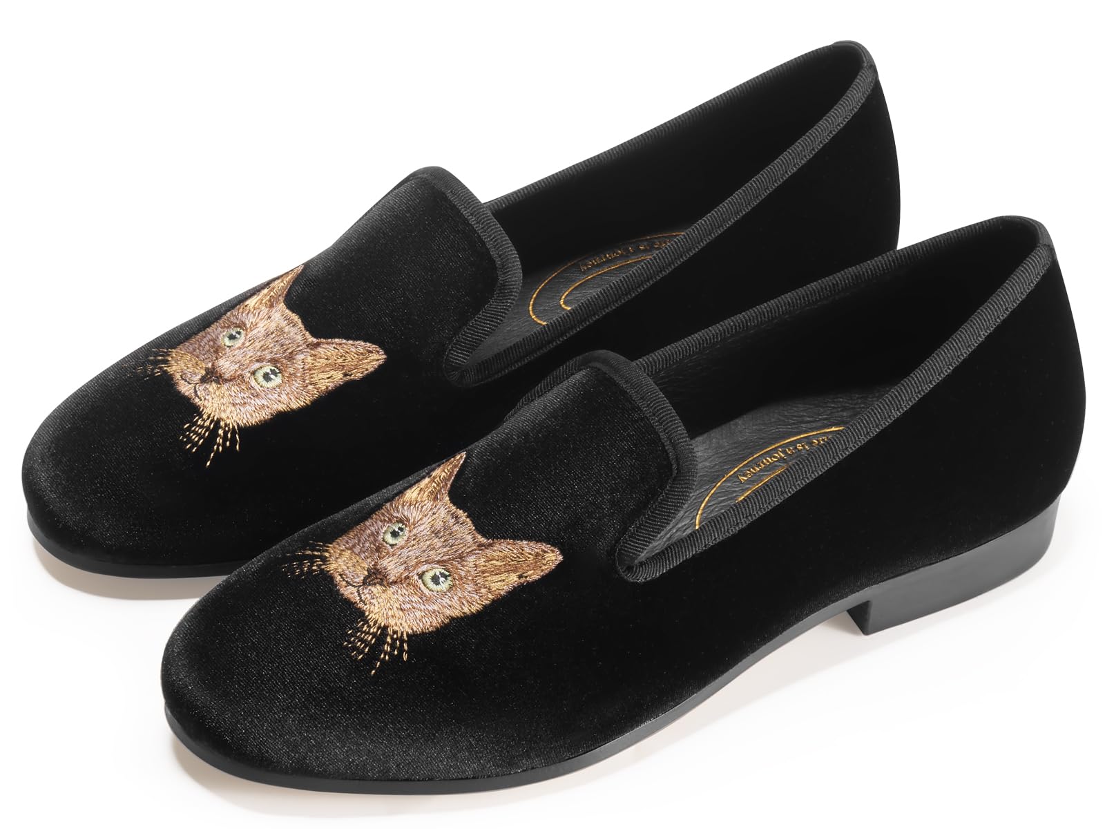 Journey West Women's Velvet Loafer Flat with Embroidery Smoking Slippers Slip on Shoes for Women Cat Black US 9.5