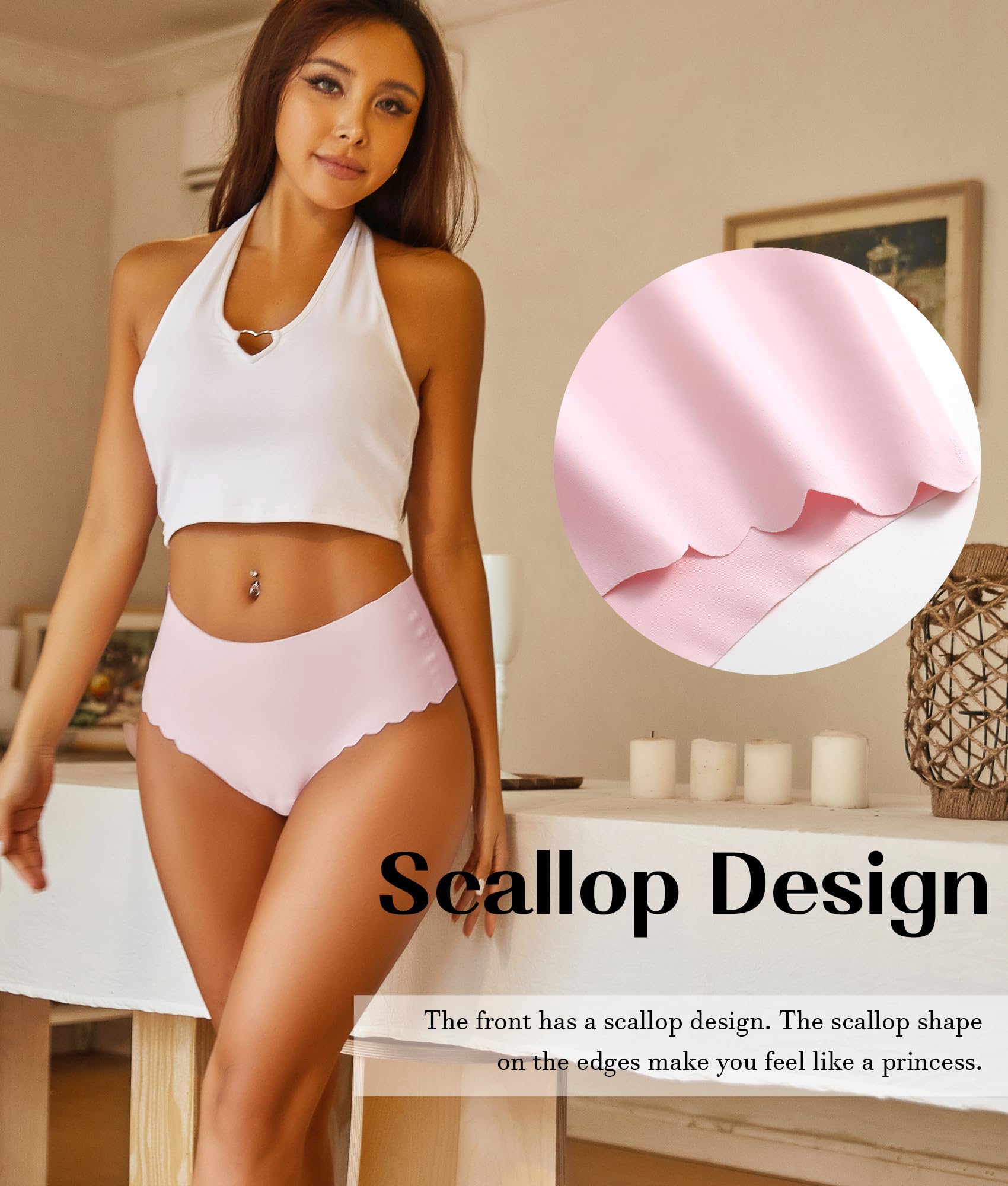 Sth Big High Waisted Seamless Underwear for Women No Show Panties Cheeky Scalloped Edge Bikini Breathable Briefs 6 Pack, Large