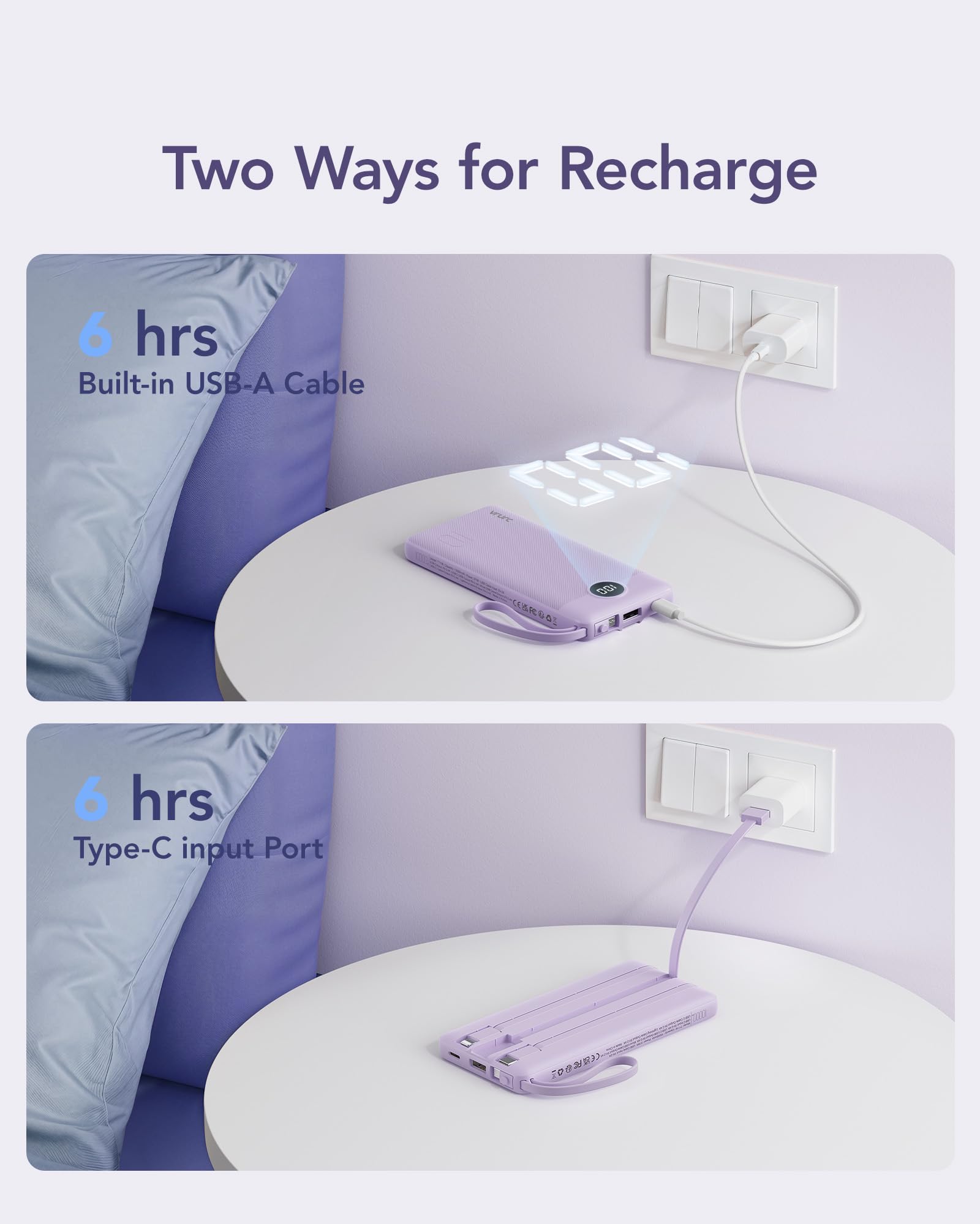 VRURC Portable Charger Power Bank, 10000mAh Travel Essentials Battery Pack, 5 Outputs 2 Inputs Slim Charging Bank Built-in Cables Cords for iPhone 17 16 15 14 13,Samsung,Android-Lavender(1 Pack)