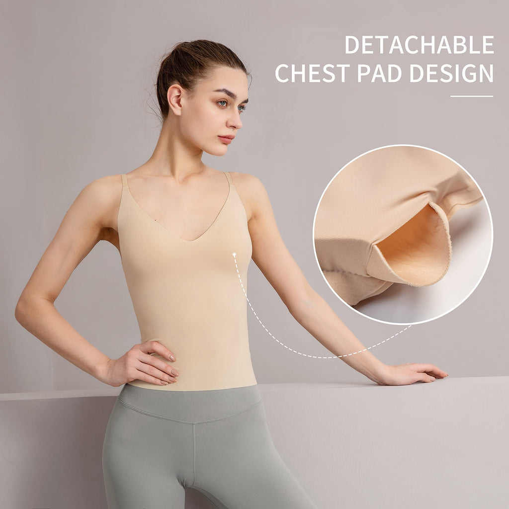 Women's Fit Camisole with Built in Bra - Spaghetti Straps Camis Tank with Chest pad One-Piece Cut Seamless (L, A-Style-Complexion)