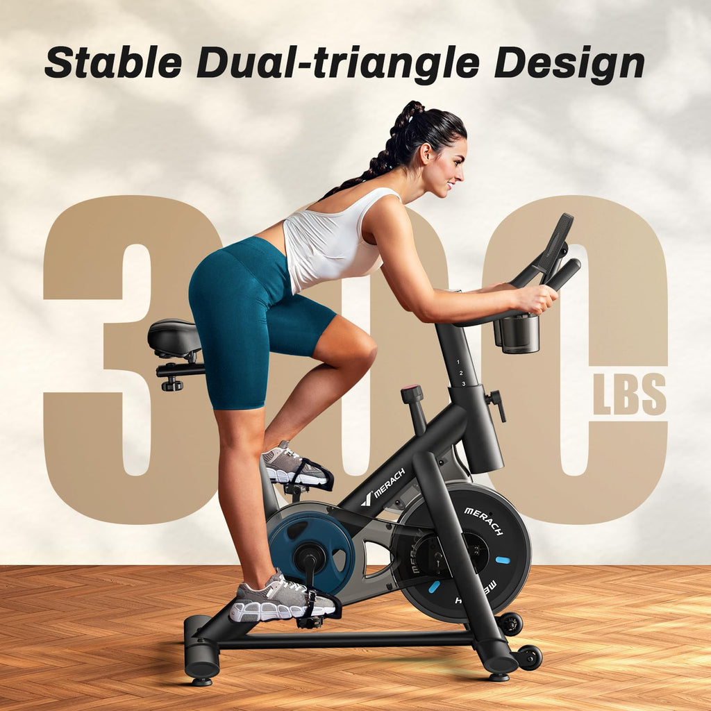 MERACH Exercise Bike, Brake Pad Stationary Bike with Exclusive App, Low Noise Indoor Cycling Bike with 300lbs Weight Capacity, Tablet Mount and Fitness Courses for Weight Loss