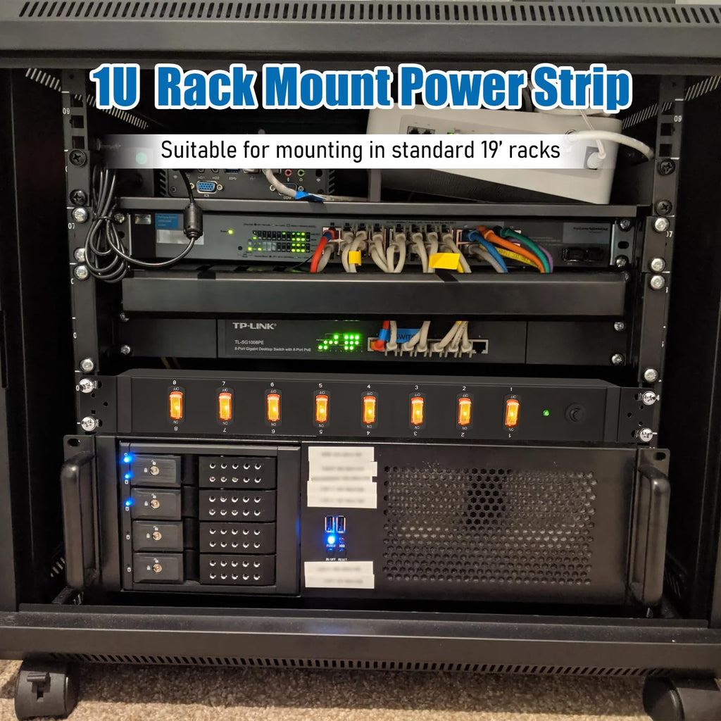 HHSOET 1U Rack Mount Surge Protection, 8 Outlet PDU Power Strip, Metal Mountable Outlet Strip with Switch,1200J, 6ft Power Cord.