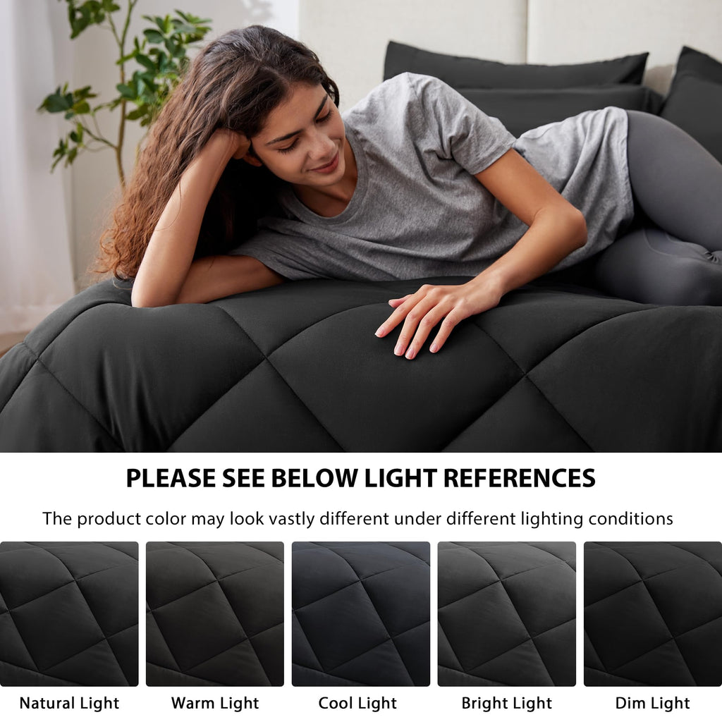 Love's cabin Queen Comforter Set Black, 7 Pieces Queen Bed in a Bag, All Season Bedding Sets with 1 Comforter, 1 Flat Sheet, 1 Fitted Sheet, 2 Pillowcase and 2 Pillow Sham