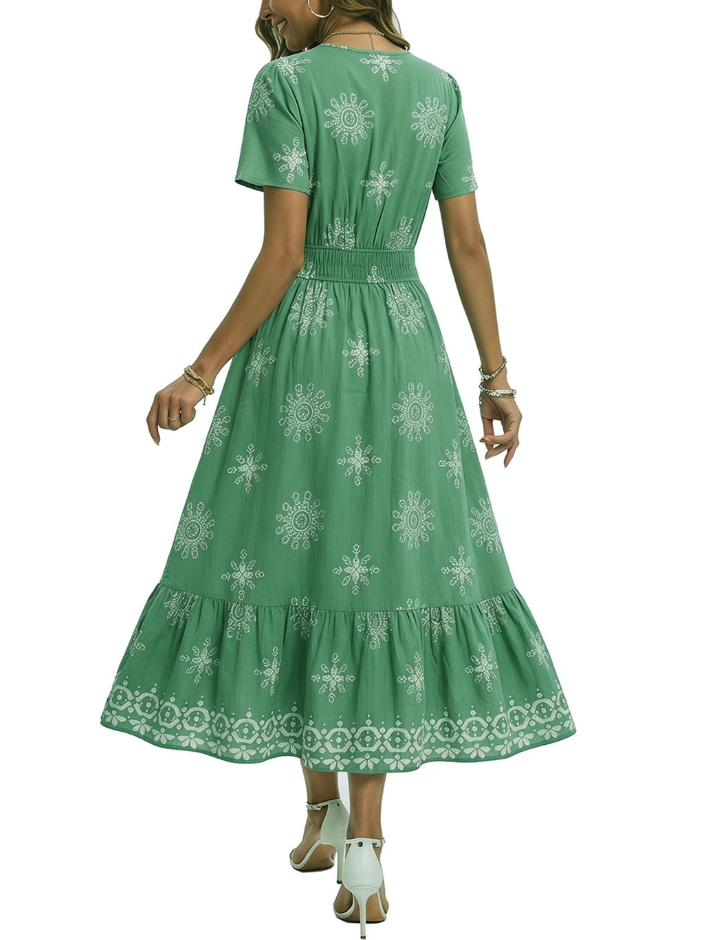 2026 Womens Summer Floral Maxi Dresses V Neck Short Sleeve Boho Casual Flowy Long Wedding Guest Beach Vacation Dress Green