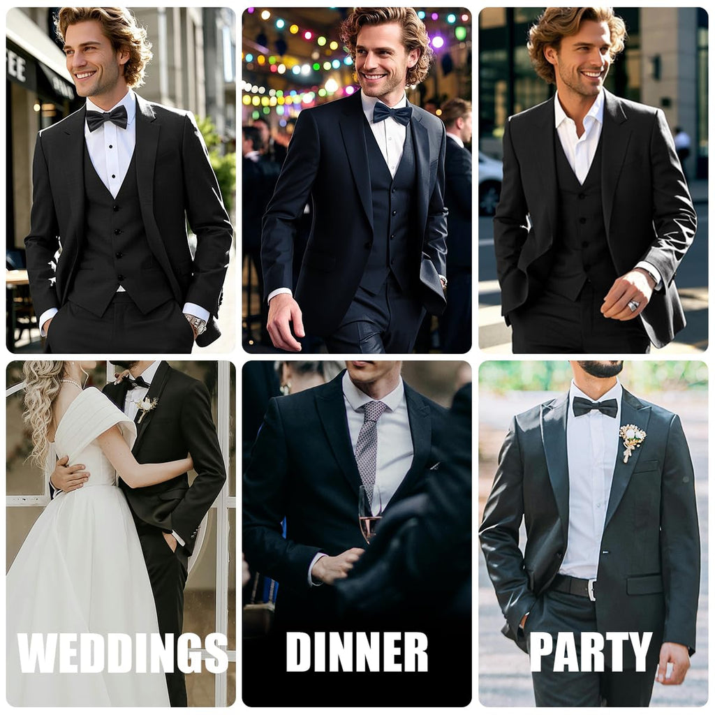 Men's 3-Piece Slim Fit Suit with Bow Tie, Single Button Blazer Vest Pants Set for Wedding Business, Formal Suit for Men Blue Grey