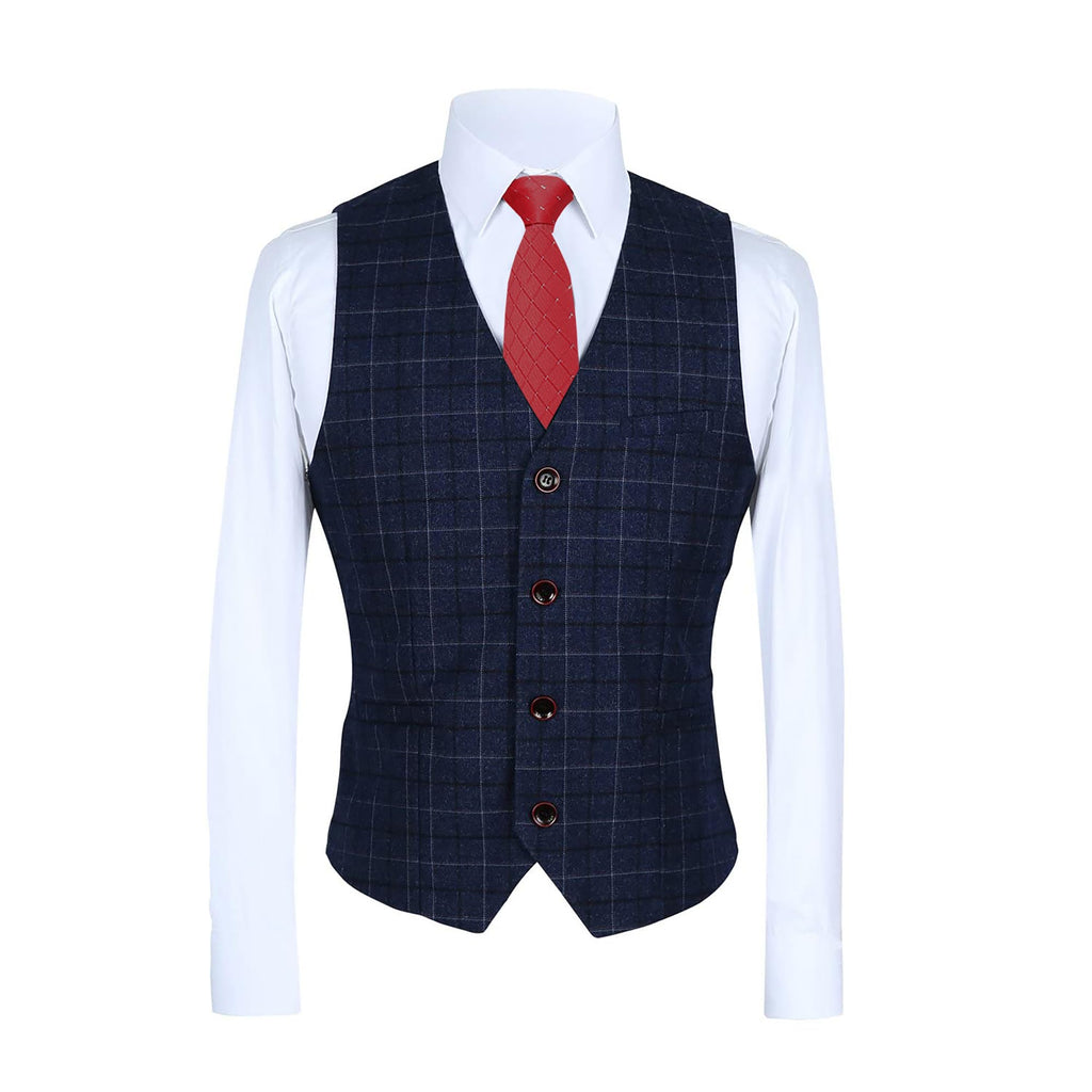 MOGU Mens 3-Piece Slim Fit Plaid Suit - Blazer, Vest, and Pants Set for Wedding, Prom, and Business US Size 44 Jacket and 40 Pants Blue