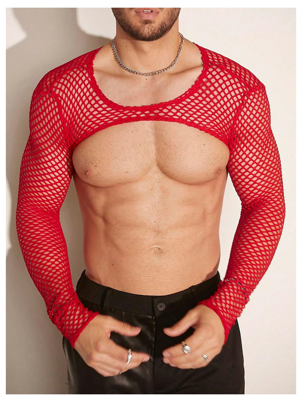 WDIRARA Men's Fishnet Sheer Mesh Long Sleeve T-Shirt Crop Top Slim Fit Party Tee Tops Red Small