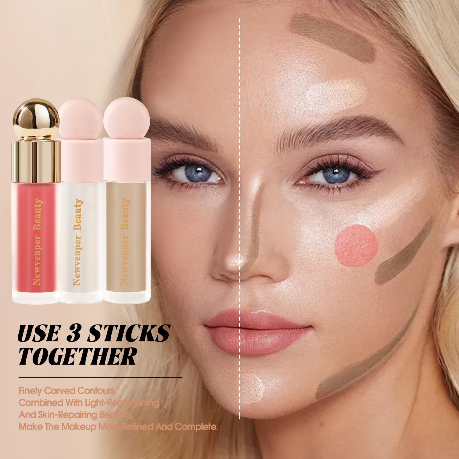Liquid Contour,Liquid Highlighter, Blush with Face Brush Long Lasting Smooth Lightweight Smudge Proof Contour+ Blush+ Highlighter
