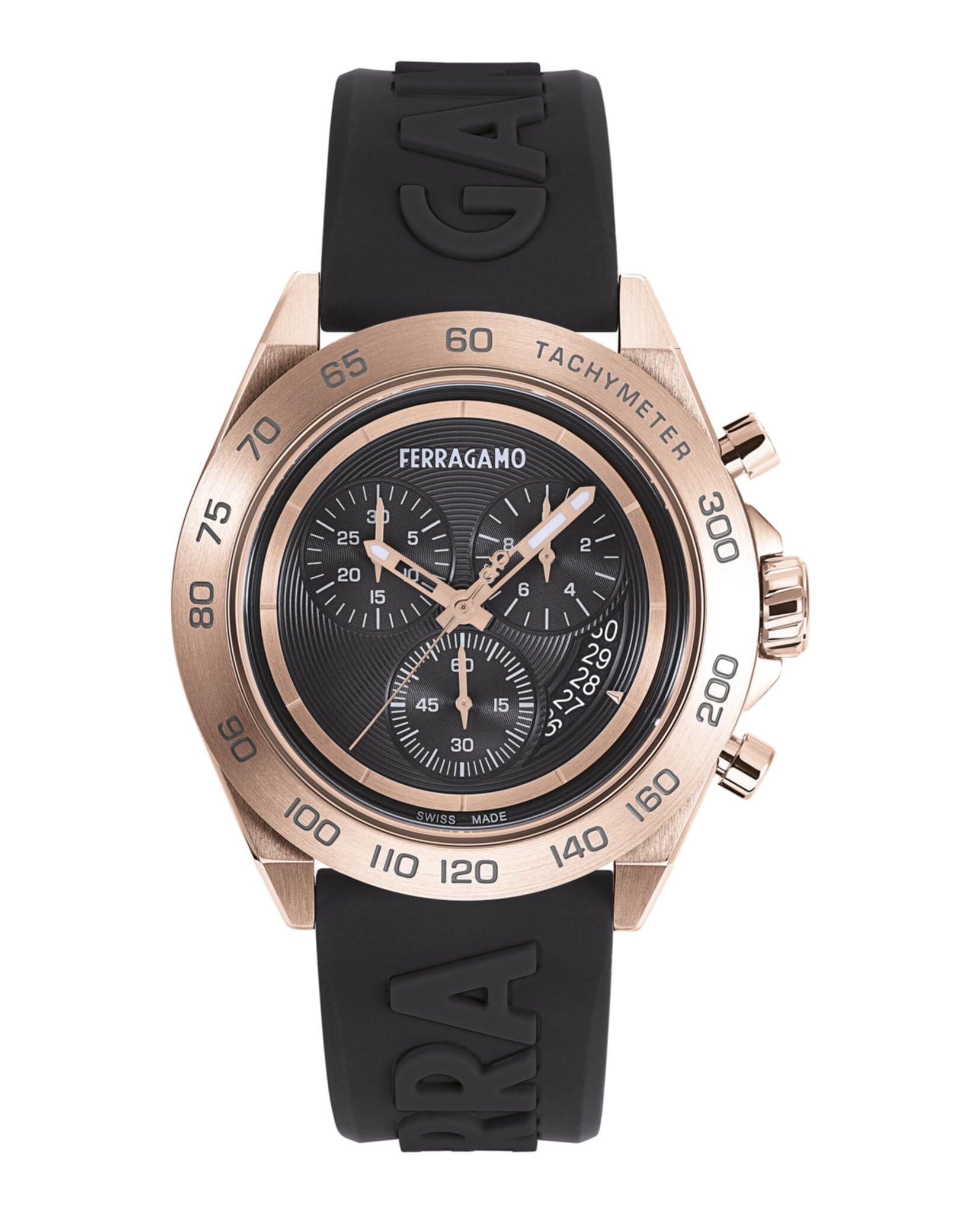Ferragamo Urban Chrono Collection Luxury Mens Watch Timepieces with a Black Strap and Dial Featuring a Rose Gold Case