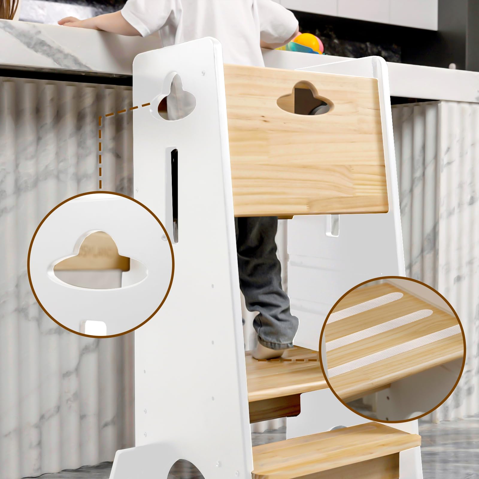 COSYLAND Toddler Standing Tower Adjustable Height - Super Stable Toddler Kitchen Stool Helper - 3 Levels Adjustable Wooden Kids Kitchen Stool (Natural & White)