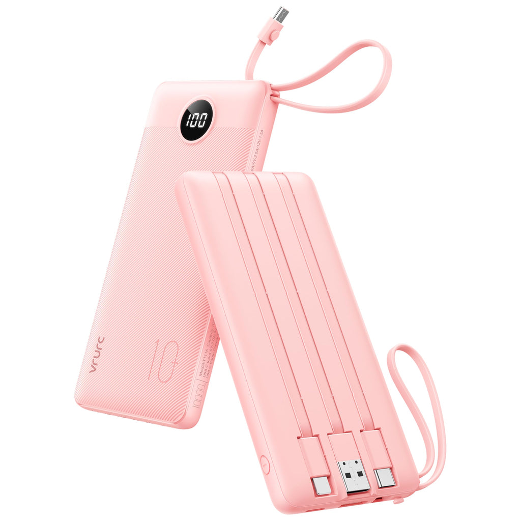 VRURC Portable Charger Power Bank, Built-in 4 Cables & 2 Ports,10000mAh Slim Battery Pack with LED Display, Travel Essential USB C Portable Phone Charger for iPhone 17 16 15, Samsung-Pink(1 Pack)