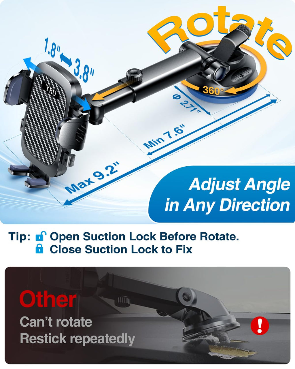 YRU True Military-Grade [360° Rotation Suction] 2026 Ultimate Car Phone Holder Mount 【90+LBS Safest Strongest & Patent Certs】 Dashboard Windshield Vent for iPhone 17 16 Pro Max Samsung, Gloss Black