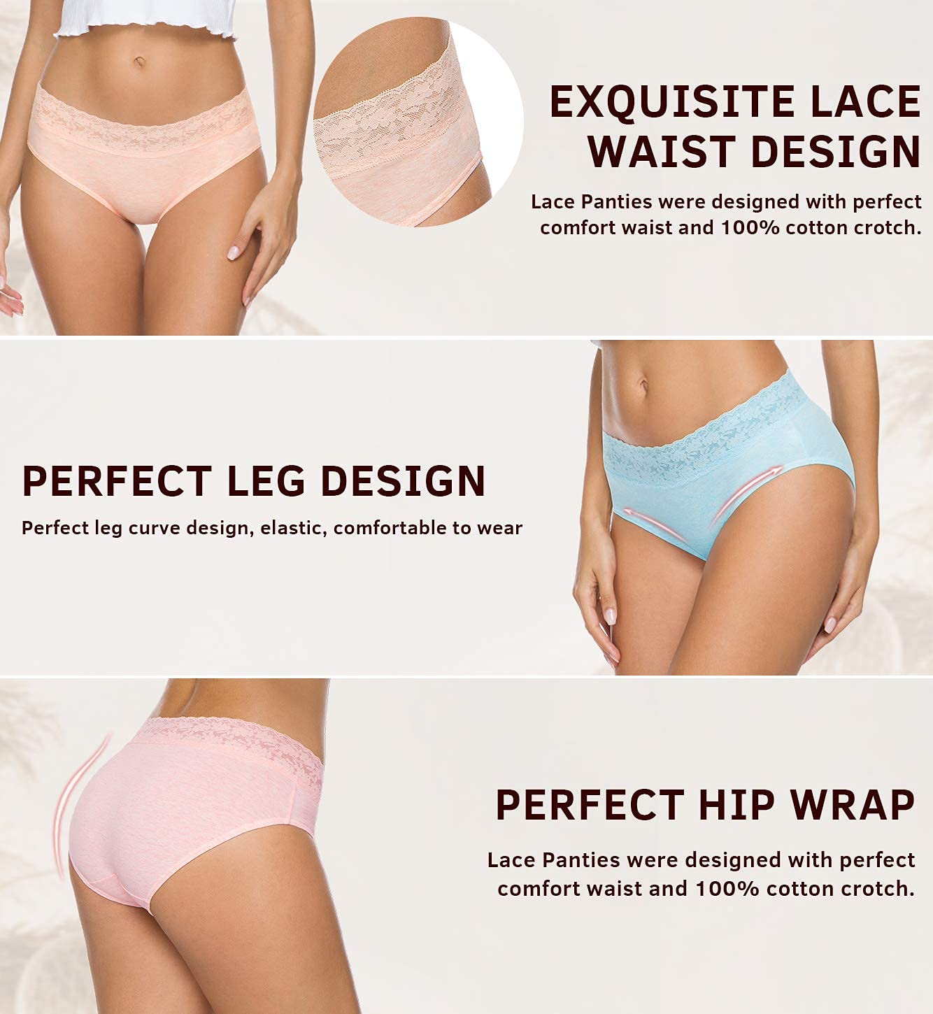 Wealurre Cotton Panties for Women Bikini Underwear Hipster Underpants Lace Briefs Pack(LightColor,L)