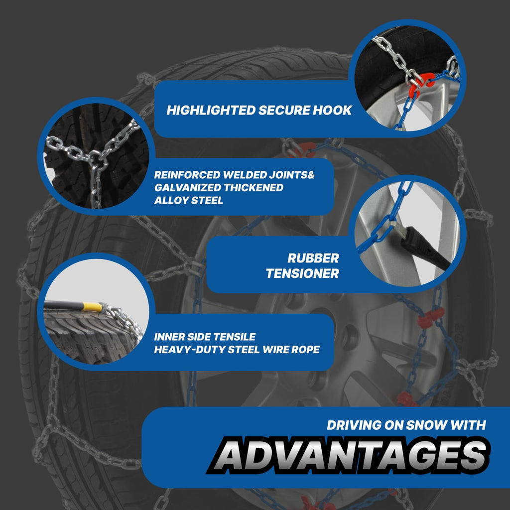 Snow Chains for Pickup Trucks & SUVs Off-road, Heavy Duty Quick Fit & Easy Installation Snow Tire Chains, Portable Reusable Emergency Tire Traction Chain, Set of 2 (HP2335)
