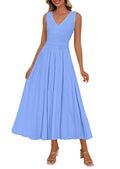 PRETTYGARDEN Summer Dresses for Women 2026 Spring Casual Sleeveless V Neck Pleated Midi Work Cocktail Wedding Guest Dress(Light Blue,X-Large)